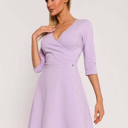 Flared Knit Mini Cotton Dress with Overlap Top, Elbow Sleeves - MimiStylez