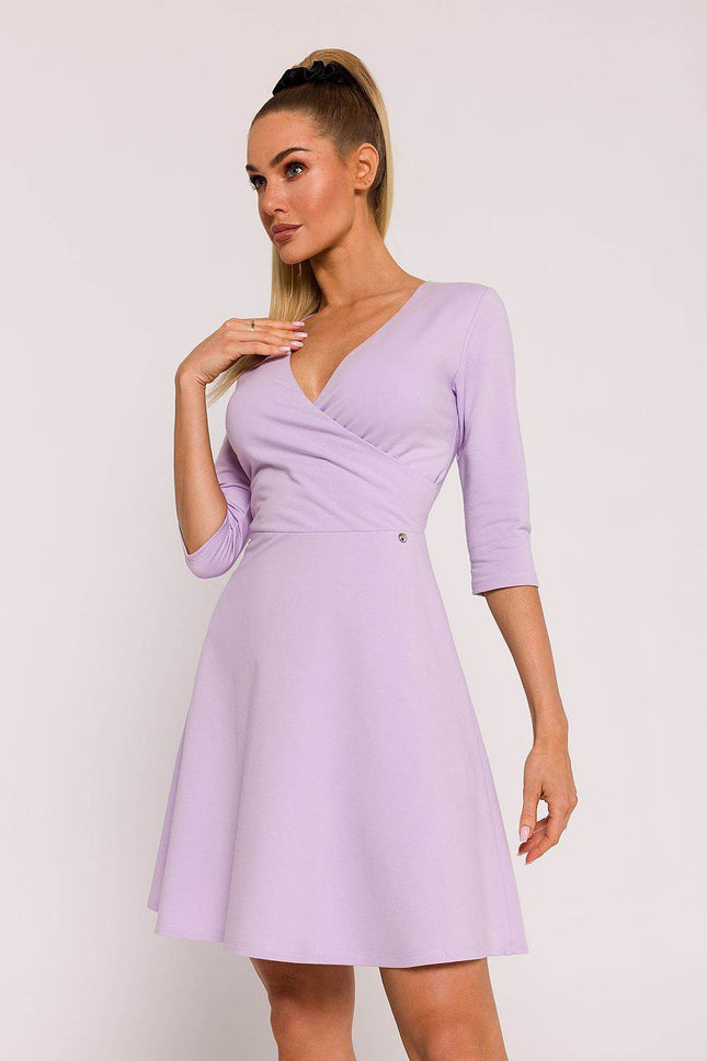 Flared Knit Mini Cotton Dress with Overlap Top, Elbow Sleeves - MimiStylez