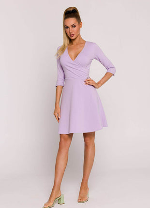 Flared Knit Mini Cotton Dress with Overlap Top, Elbow Sleeves - MimiStylez