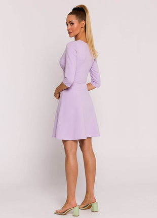 Flared Knit Mini Cotton Dress with Overlap Top, Elbow Sleeves - MimiStylez