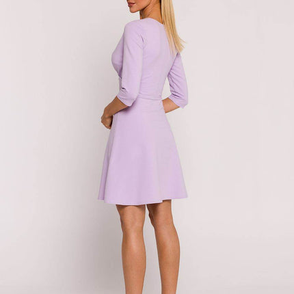 Flared Knit Mini Cotton Dress with Overlap Top, Elbow Sleeves - MimiStylez