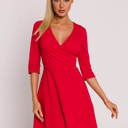 Flared Knit Mini Cotton Dress with Overlap Top, Elbow Sleeves - MimiStylez