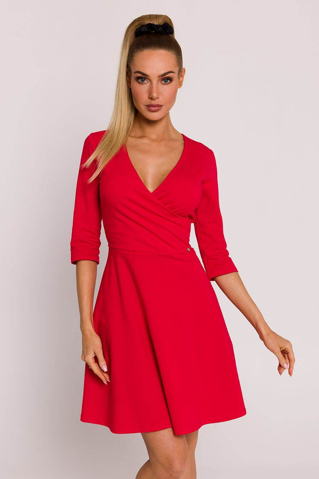 Flared Knit Mini Cotton Dress with Overlap Top, Elbow Sleeves - MimiStylez