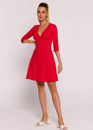 Flared Knit Mini Cotton Dress with Overlap Top, Elbow Sleeves - MimiStylez