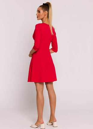 Flared Knit Mini Cotton Dress with Overlap Top, Elbow Sleeves - MimiStylez