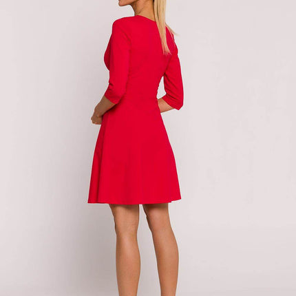 Flared Knit Mini Cotton Dress with Overlap Top, Elbow Sleeves - MimiStylez