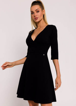 Flared Knit Mini Cotton Dress with Overlap Top, Elbow Sleeves - MimiStylez