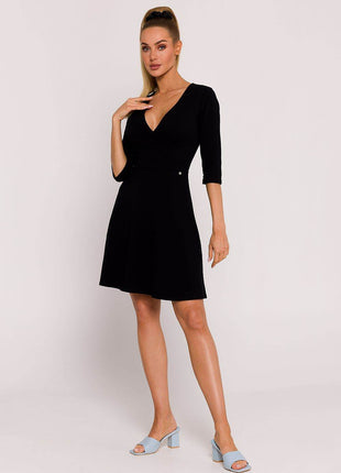 Flared Knit Mini Cotton Dress with Overlap Top, Elbow Sleeves - MimiStylez