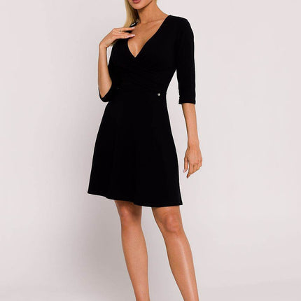 Flared Knit Mini Cotton Dress with Overlap Top, Elbow Sleeves - MimiStylez
