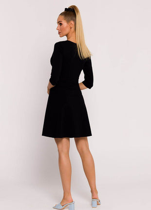 Flared Knit Mini Cotton Dress with Overlap Top, Elbow Sleeves - MimiStylez