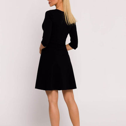 Flared Knit Mini Cotton Dress with Overlap Top, Elbow Sleeves - MimiStylez