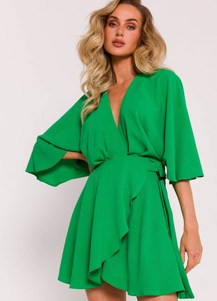 Crepe Flared Mini Dress with Bat Sleeves & Buckle Belt - MimiStylez