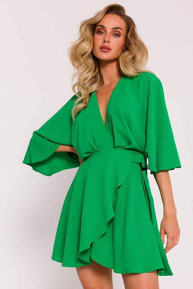 Crepe Flared Mini Dress with Bat Sleeves & Buckle Belt - MimiStylez