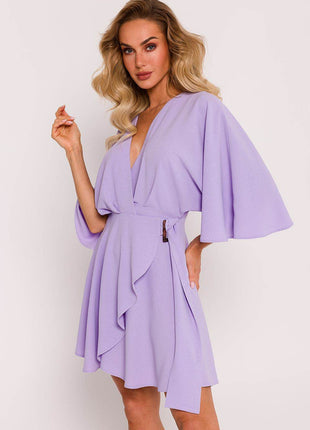 Crepe Flared Mini Dress with Bat Sleeves & Buckle Belt - MimiStylez