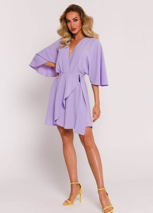 Crepe Flared Mini Dress with Bat Sleeves & Buckle Belt - MimiStylez