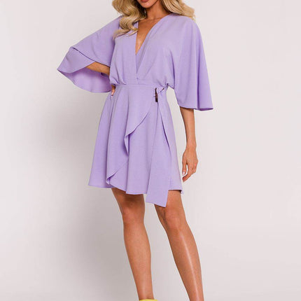 Crepe Flared Mini Dress with Bat Sleeves & Buckle Belt - MimiStylez