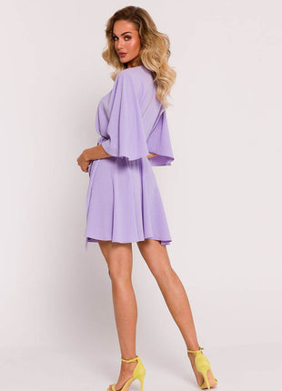 Crepe Flared Mini Dress with Bat Sleeves & Buckle Belt - MimiStylez