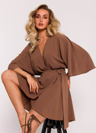 Crepe Flared Mini Dress with Bat Sleeves & Buckle Belt - MimiStylez