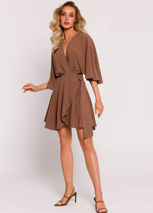 Crepe Flared Mini Dress with Bat Sleeves & Buckle Belt - MimiStylez