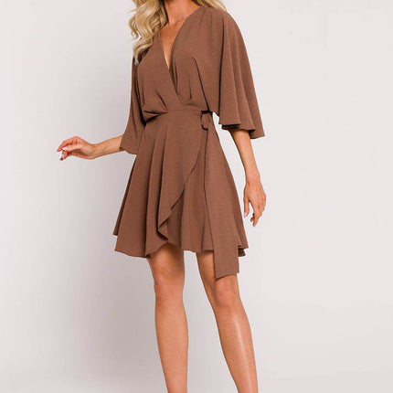 Crepe Flared Mini Dress with Bat Sleeves & Buckle Belt - MimiStylez