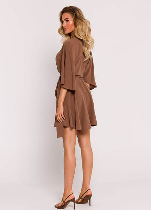 Crepe Flared Mini Dress with Bat Sleeves & Buckle Belt - MimiStylez