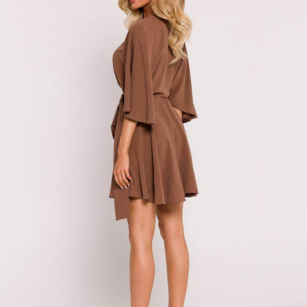 Crepe Flared Mini Dress with Bat Sleeves & Buckle Belt - MimiStylez