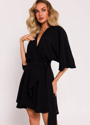 Crepe Flared Mini Dress with Bat Sleeves & Buckle Belt - MimiStylez