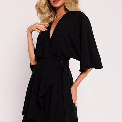 Crepe Flared Mini Dress with Bat Sleeves & Buckle Belt - MimiStylez