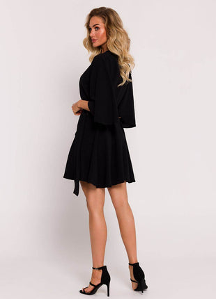 Crepe Flared Mini Dress with Bat Sleeves & Buckle Belt - MimiStylez