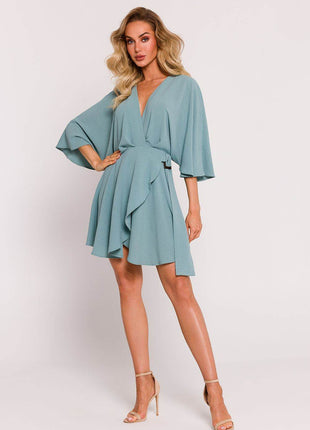 Crepe Flared Mini Dress with Bat Sleeves & Buckle Belt - MimiStylez