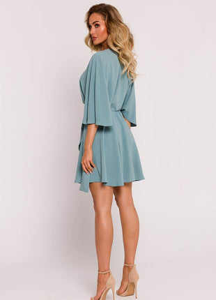 Crepe Flared Mini Dress with Bat Sleeves & Buckle Belt - MimiStylez