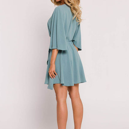 Crepe Flared Mini Dress with Bat Sleeves & Buckle Belt - MimiStylez