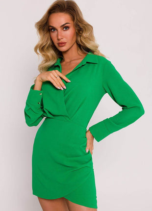 Crepe Mini Dress with Shirt Collar, Envelope Neckline & Side Pleats - MimiStylez