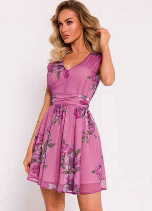 Chiffon Mini Dress with Deep V-Neck, Crinkled Waist & Flared Skirt - MimiStylez