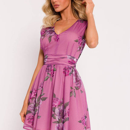 Chiffon Mini Dress with Deep V-Neck, Crinkled Waist & Flared Skirt - MimiStylez