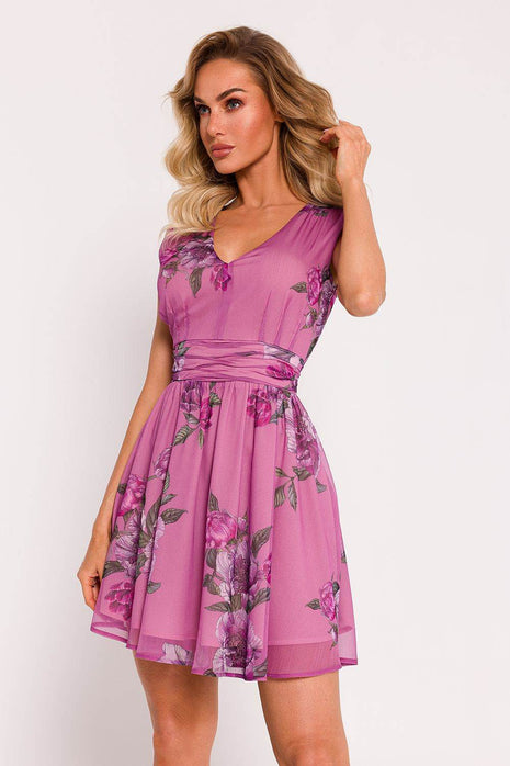 Chiffon Mini Dress with Deep V-Neck, Crinkled Waist & Flared Skirt - MimiStylez