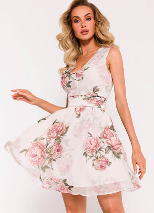 Chiffon Mini Dress with Deep V-Neck, Crinkled Waist & Flared Skirt - MimiStylez