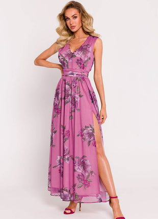 Chiffon Maxi Dress with Deep V-Neck, Crinkled Waist & High Slit - MimiStylez