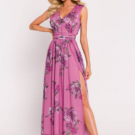 Chiffon Maxi Dress with Deep V-Neck, Crinkled Waist & High Slit - MimiStylez
