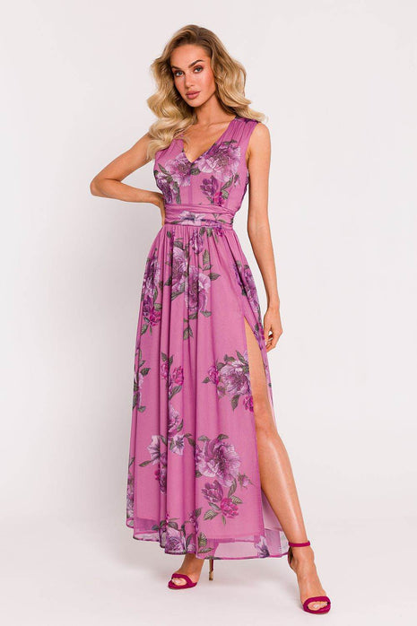 Chiffon Maxi Dress with Deep V-Neck, Crinkled Waist & High Slit - MimiStylez