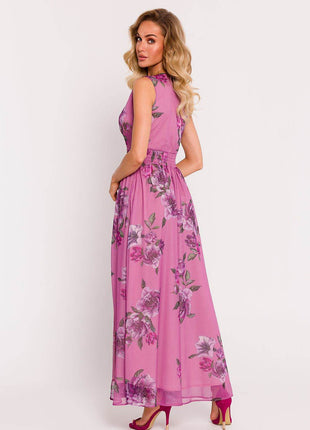 Chiffon Maxi Dress with Deep V-Neck, Crinkled Waist & High Slit - MimiStylez