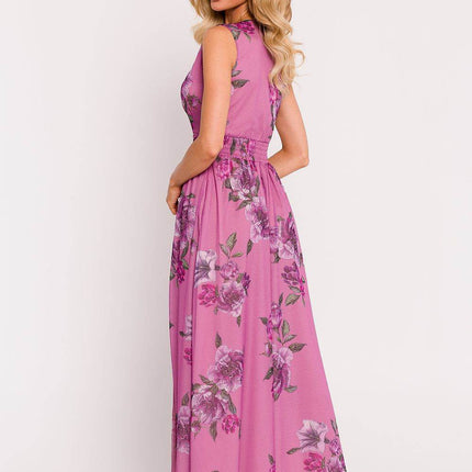 Chiffon Maxi Dress with Deep V-Neck, Crinkled Waist & High Slit - MimiStylez