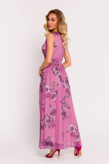 Chiffon Maxi Dress with Deep V-Neck, Crinkled Waist & High Slit - MimiStylez