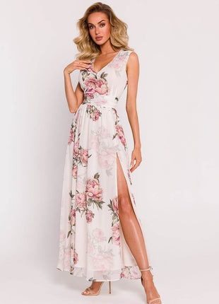 Chiffon Maxi Dress with Deep V-Neck, Crinkled Waist & High Slit - MimiStylez