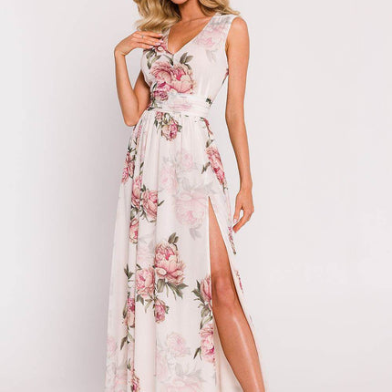 Chiffon Maxi Dress with Deep V-Neck, Crinkled Waist & High Slit - MimiStylez