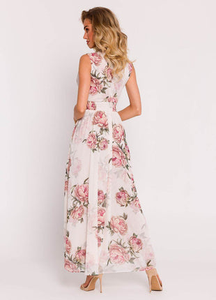 Chiffon Maxi Dress with Deep V-Neck, Crinkled Waist & High Slit - MimiStylez