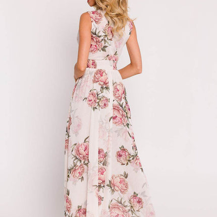 Chiffon Maxi Dress with Deep V-Neck, Crinkled Waist & High Slit - MimiStylez