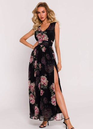 Chiffon Maxi Dress with Deep V-Neck, Crinkled Waist & High Slit - MimiStylez