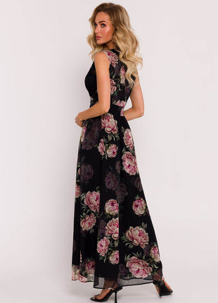 Chiffon Maxi Dress with Deep V-Neck, Crinkled Waist & High Slit - MimiStylez