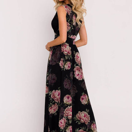 Chiffon Maxi Dress with Deep V-Neck, Crinkled Waist & High Slit - MimiStylez